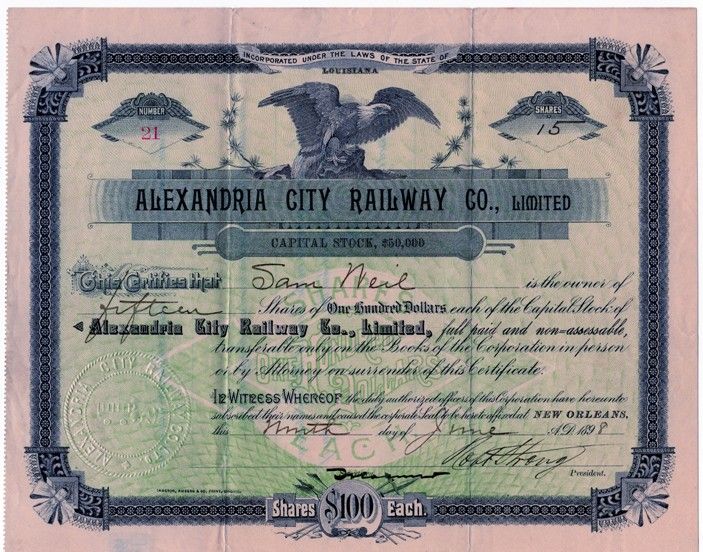 A certificate from the alexandria city railway company