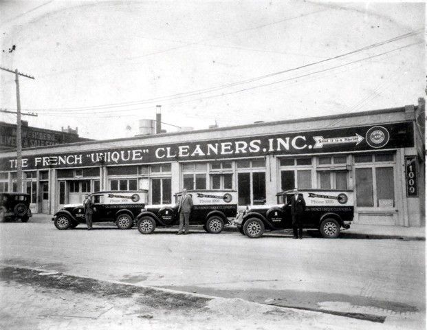 A black and white photo of the french unique cleaners inc.