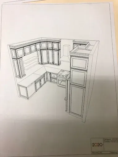 Hand-drawn sketch of an L-shaped cabinet and countertop layout with wall cabinets and tall storage units