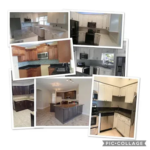 Collage of six modern kitchen interiors with white, beige, black, and wood cabinets and counters