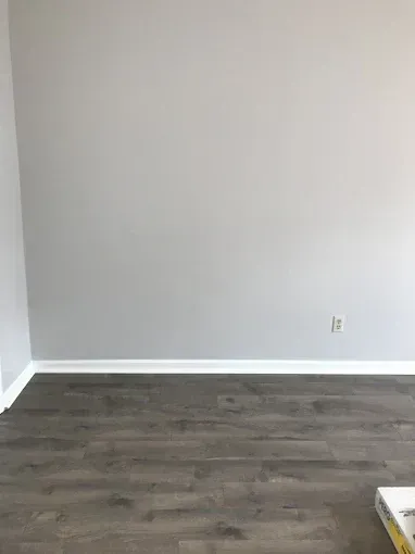 Empty room with light gray walls, dark wood floor, and a visible electrical outlet.