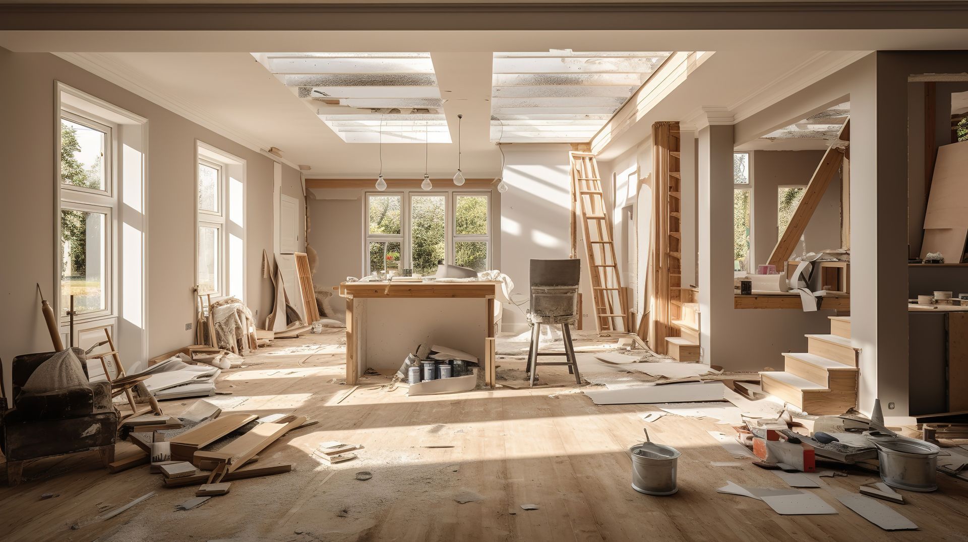 Pièce en rénovation, avec outils, bois et peinture éparpillés un peu partout. La lumière du soleil entre par les fenêtres.