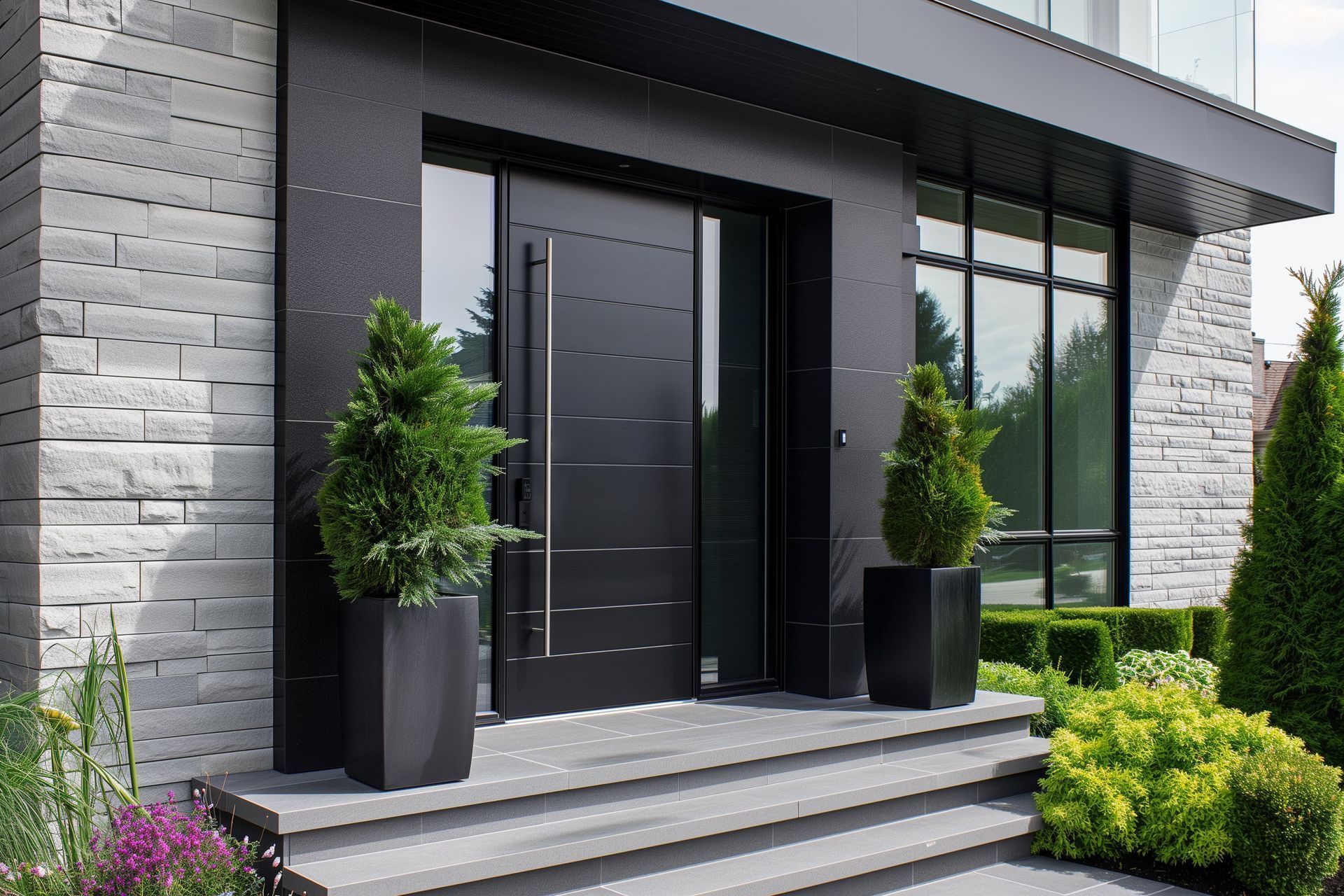 La porte d'entrée d'une maison moderne avec une porte noire et des marches.