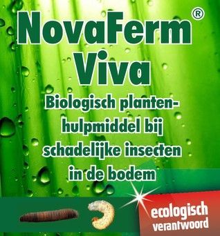 Witte fles NovaFerm Viva, een biologisch plantenhulpmiddel, met groen en wit etiket.