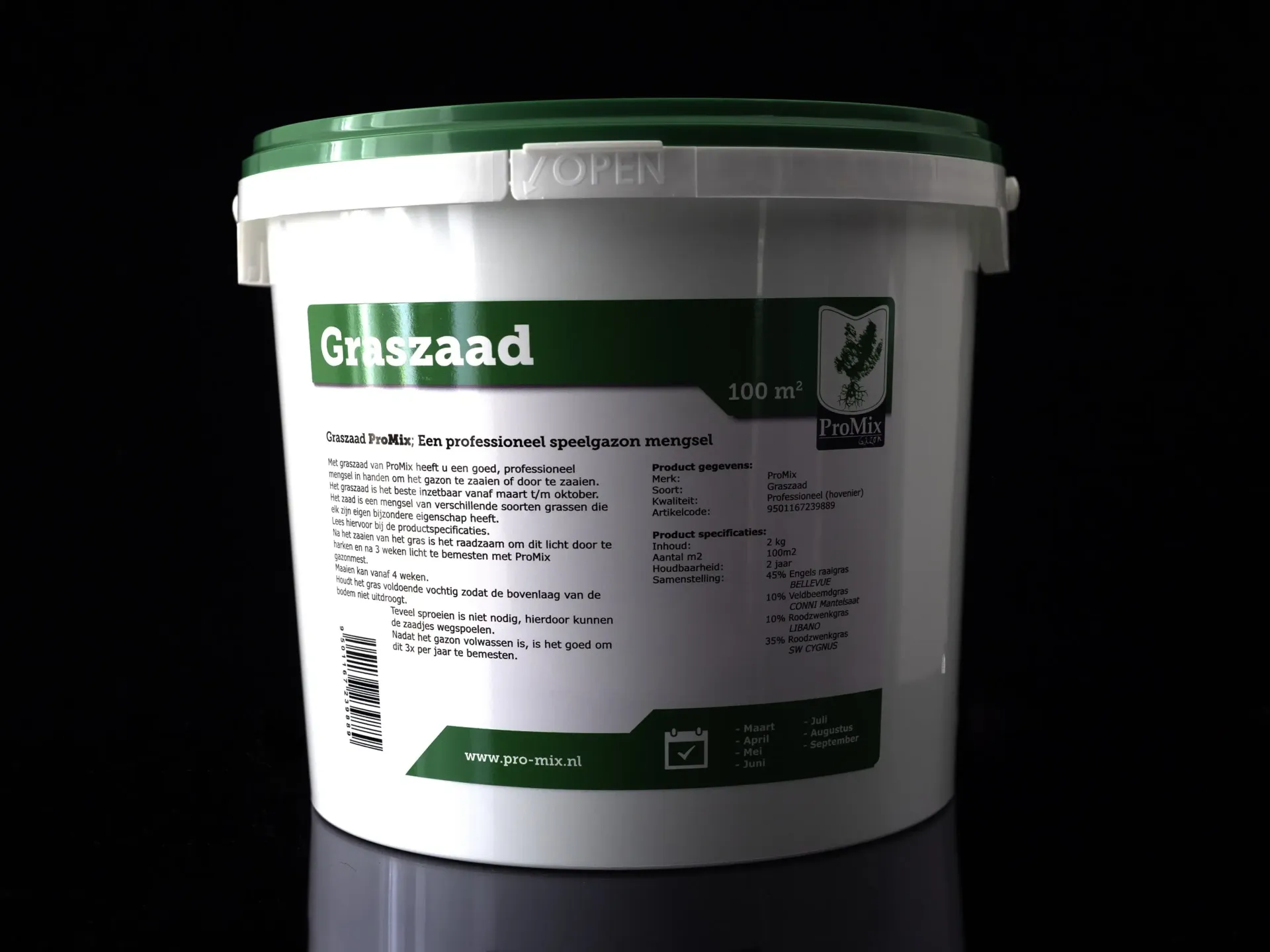 Witte emmer met graszaad, label 