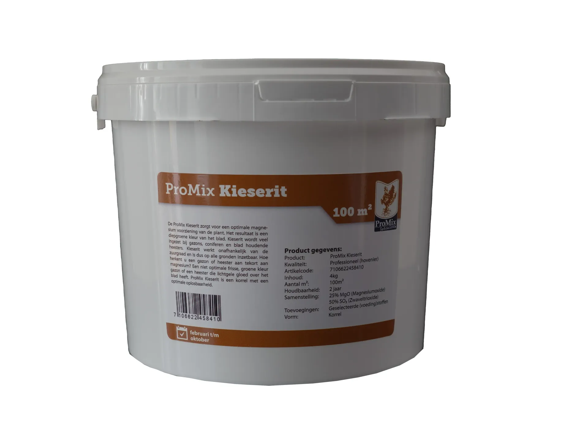 Witte emmer "PipMix Kiesgrt" met productetiket.