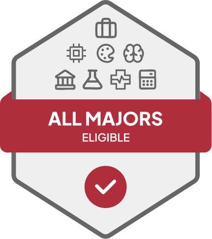 Badge with blue banner: 