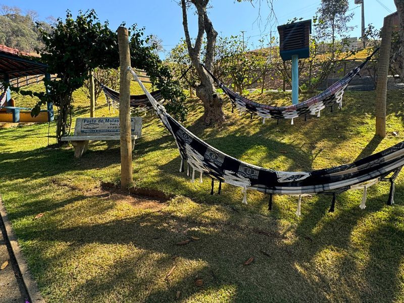 Redes estendidas entre postes de madeira em um parque ensolarado com um banco e árvores.
