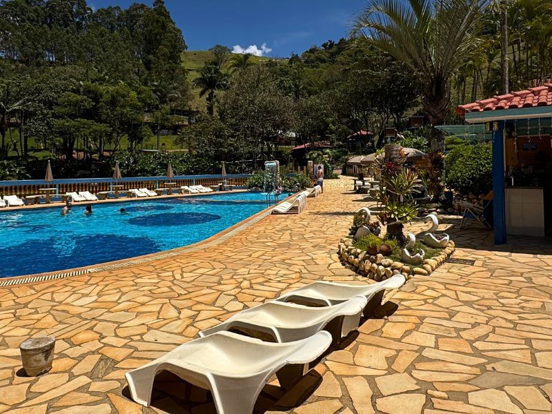Uma piscina com espreguiçadeiras num pátio de pedra rodeado de vegetação e árvores.