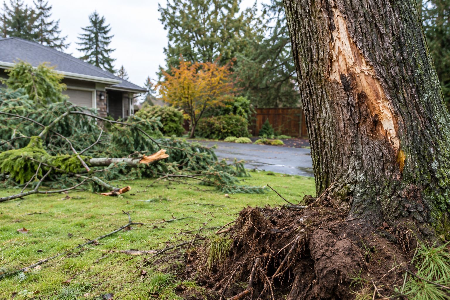Uprooted tree with fallen branches in a yard beside a house after storm damage