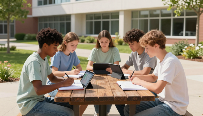 Studenti che studiano insieme all'aperto a un tavolo da picnic con computer portatili e quaderni di fronte a un edificio
