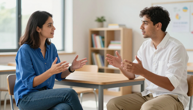 Due persone che parlano sedute a un tavolo in un ufficio luminoso, gesticolando durante una conversazione.