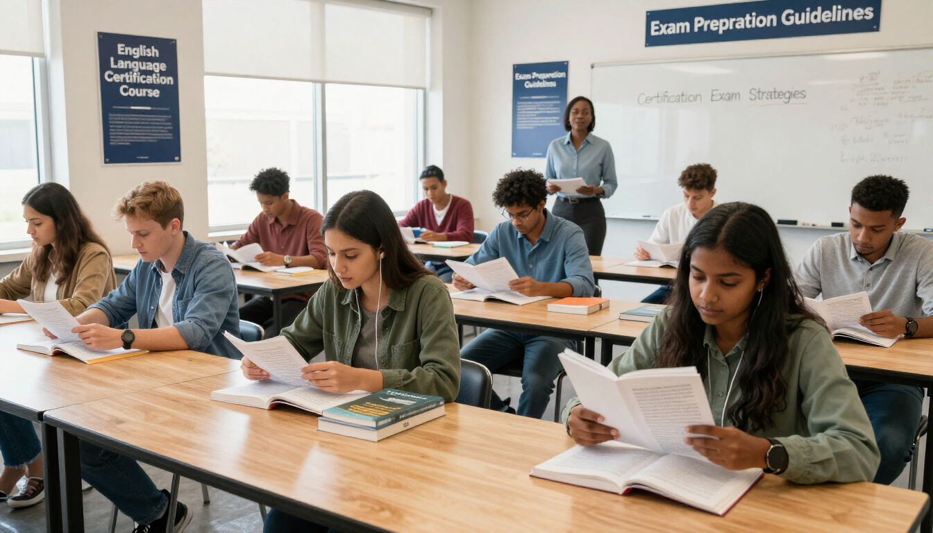 Studenti impegnati in un esame in classe, sotto la supervisione di un insegnante vicino a una lavagna.