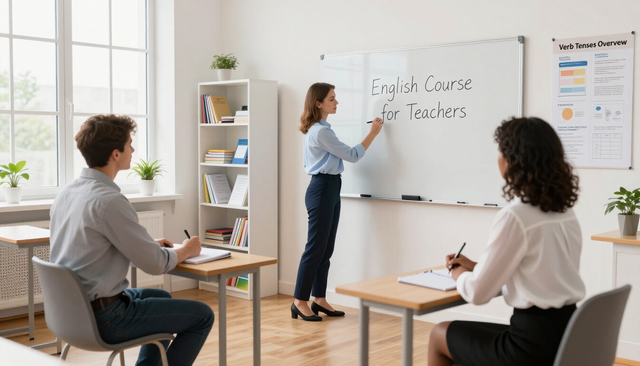 In un'aula luminosa, l'insegnante scrive sulla lavagna mentre due studenti osservano.