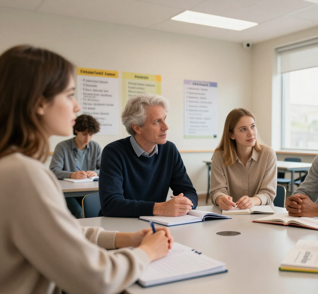 Riunione di piccolo gruppo in un'aula, con i partecipanti seduti attorno a un tavolo che prendono appunti e discutono.