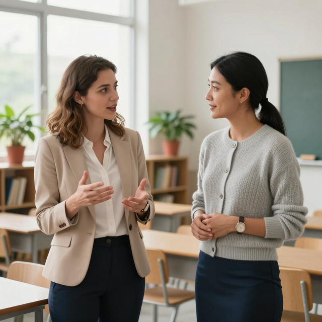 Due donne che parlano in un'aula luminosa, una gesticola mentre l'altra ascolta.