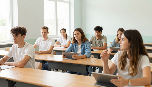 Studenti seduti in un'aula luminosa, ascoltano e prendono appunti durante una lezione.