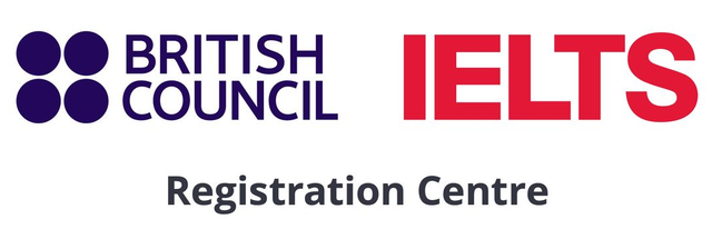 Logo del Centro di registrazione IELTS del British Council su sfondo bianco, in viola e rosso
