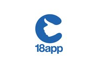 Logo blu di 18app con un simbolo bianco stilizzato sopra la scritta