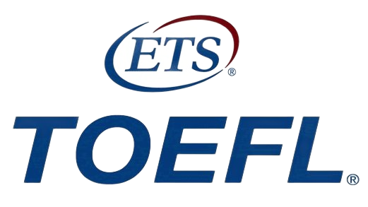 Logo ETS TOEFL in blu e rosso su sfondo bianco.
