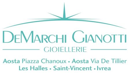 DeMarchi Gianotti gioiellerie logo in teal with location names: Aosta, Piazza Chanoux, Ivrea, Les Halles, Saint-Vincent