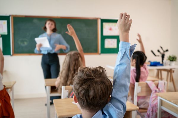 Uno studente alza la mano in classe mentre l'insegnante è in piedi davanti alla lavagna.