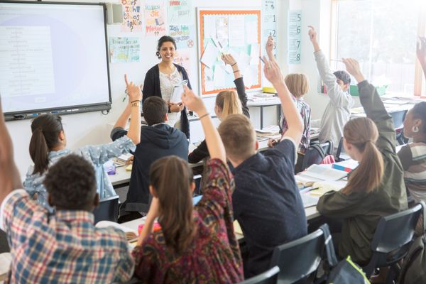 In un'aula luminosa, gli studenti alzano la mano mentre l'insegnante è in piedi davanti alla classe.