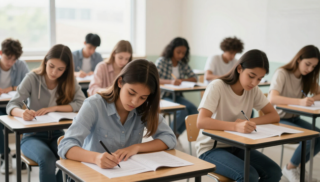 Studenti che sostengono esami in un'aula, seduti a banchi individuali.