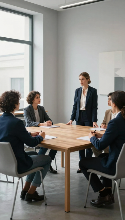 Riunione di lavoro in una luminosa sala conferenze, con quattro persone sedute attorno a un tavolo di legno e una in piedi che parla.