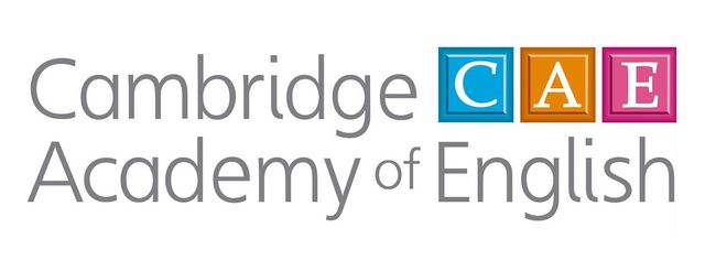 Logo della Cambridge Academy of English con testo grigio e blocchi CAE blu, arancioni e rosa.
