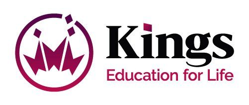 Logo di Kings Education for Life con icona di una corona viola e testo in nero e rosa.