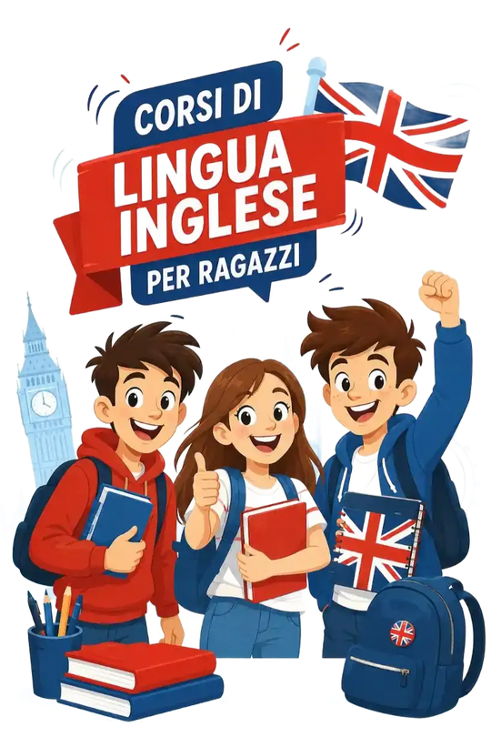 Manifesto per corsi di inglese in Italia, con studenti in stile fumetto, bandiere del Regno Unito, libri e lo skyline del Big Ben.