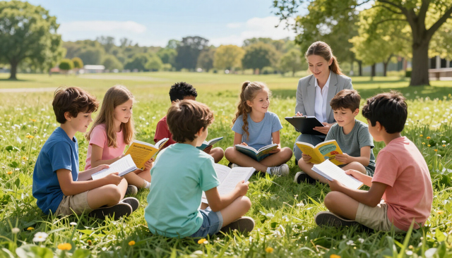In un parco soleggiato, i bambini siedono in cerchio sull'erba e leggono libri all'aperto con un'insegnante.