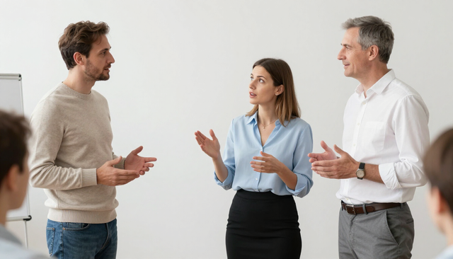 Tre colleghi che parlano in un ufficio luminoso, gesticolando durante una discussione.