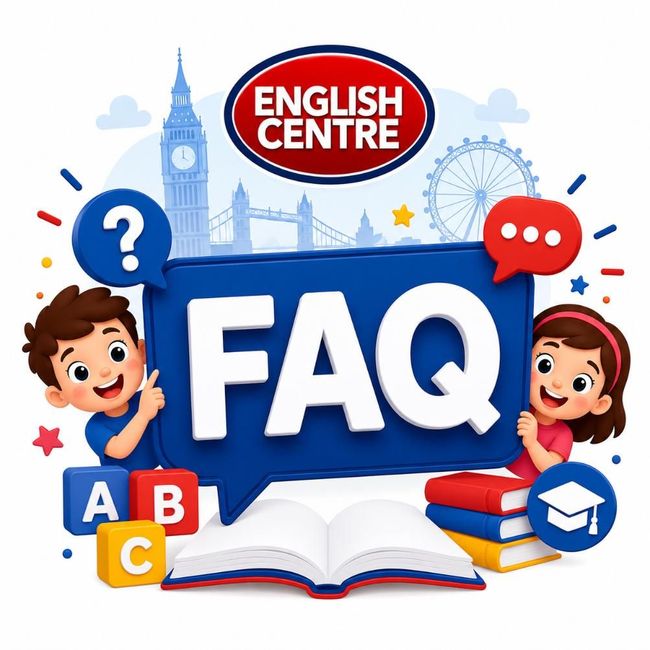 Grafico delle domande frequenti del Centro di inglese con un libro blu, punti interrogativi e studenti stilizzati attorno a un libro aperto.