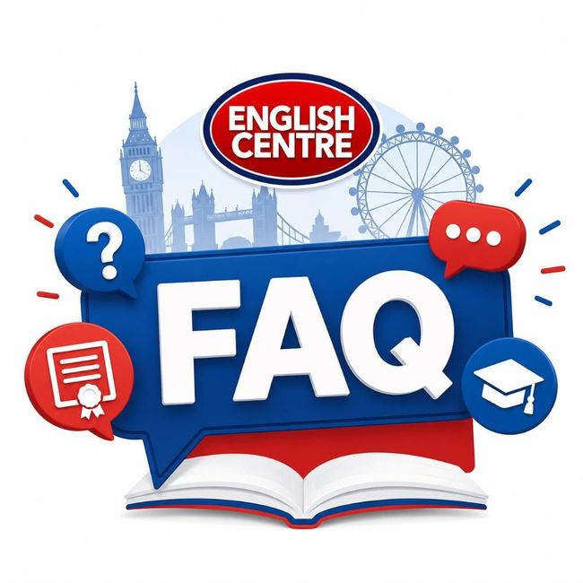 Grafico FAQ dell'English Centre con fumetti, punti interrogativi e icone di libri aperti.
