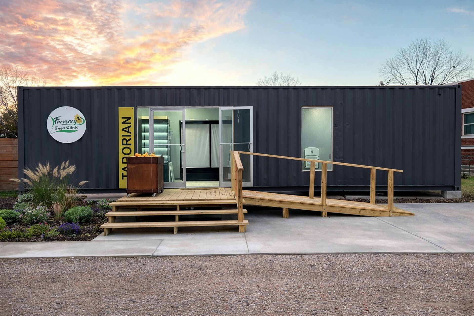 Container-based Farmacy Food Clinic with ramp access and garden beds at sunset