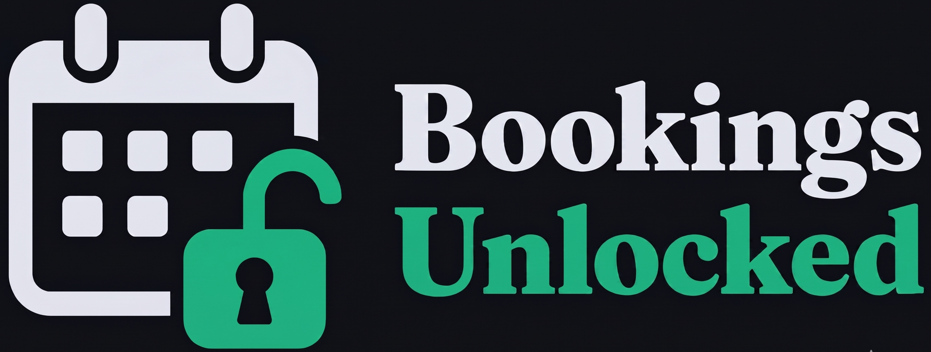 Bookings Unlocked logo with a calendar icon and green open padlock on a dark background
