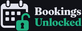 Bookings Unlocked logo with a calendar icon and green open padlock on a dark background