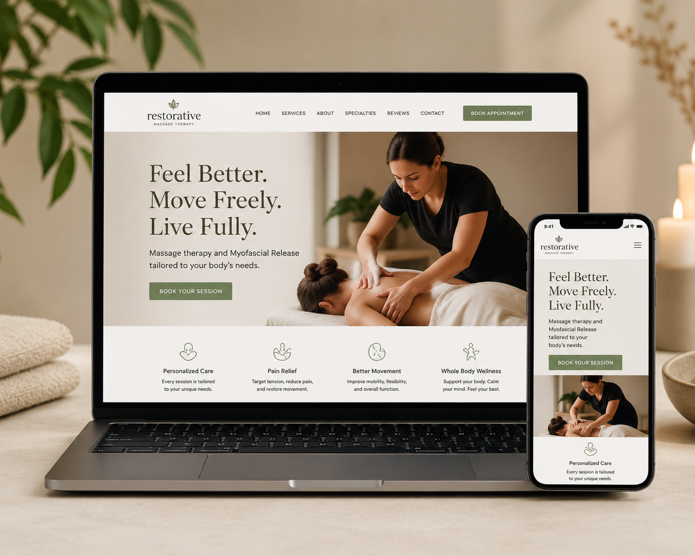 Laptop and phone displaying a spa website with a massage therapy hero image and green call-to-action button