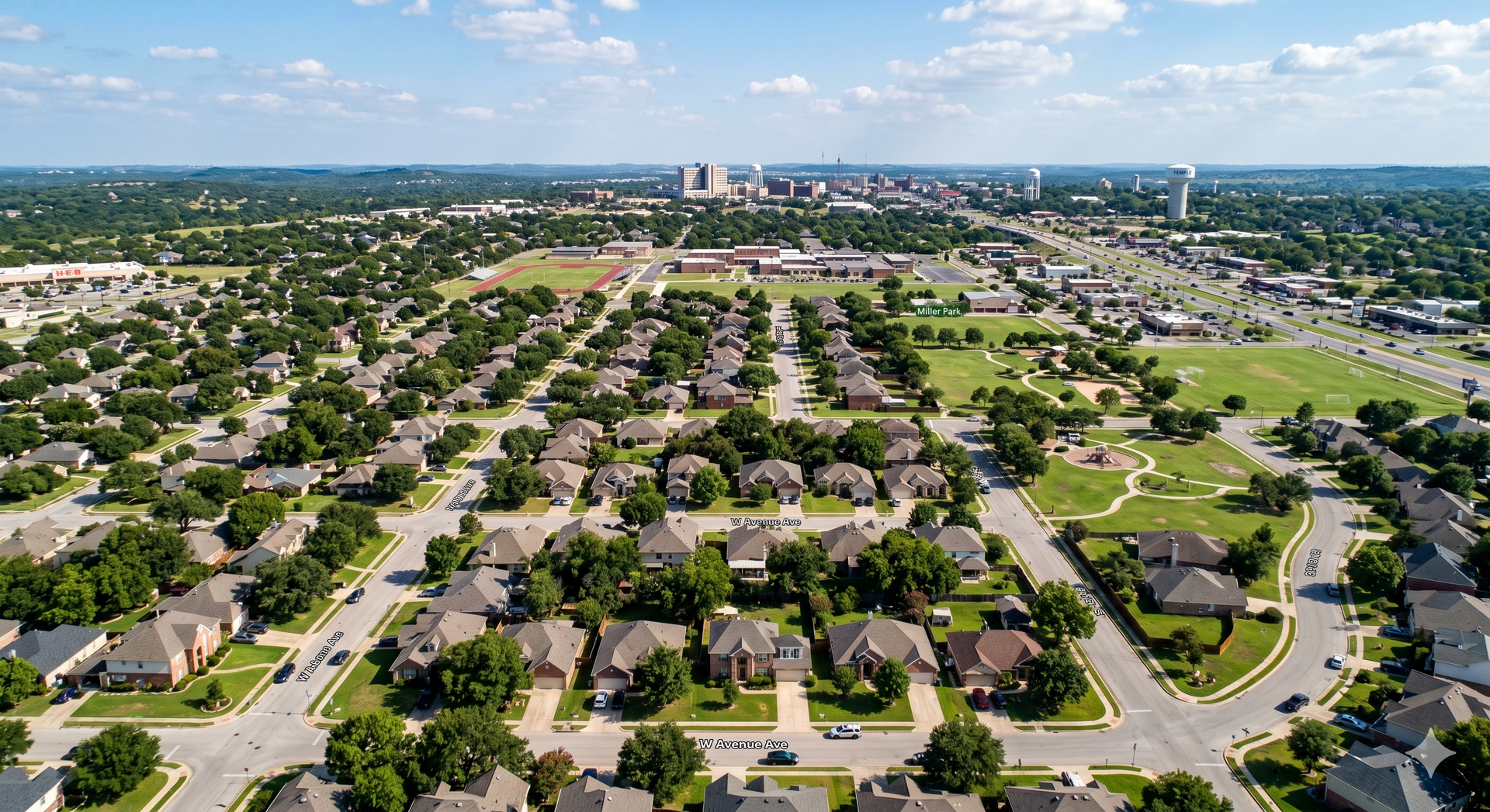 Aerial view of a Temple neighborhood with rows of houses, trees, roads, and a distant city skyline.