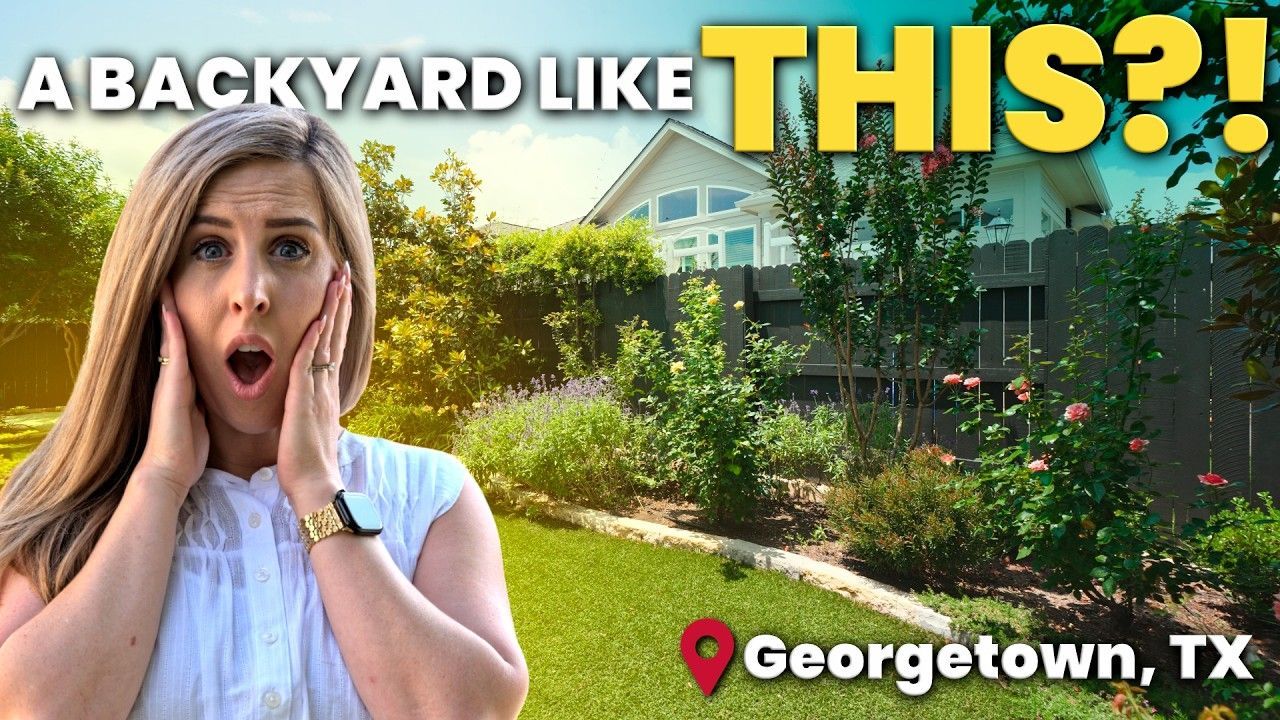 Woman shocked with garden as background and overlay text