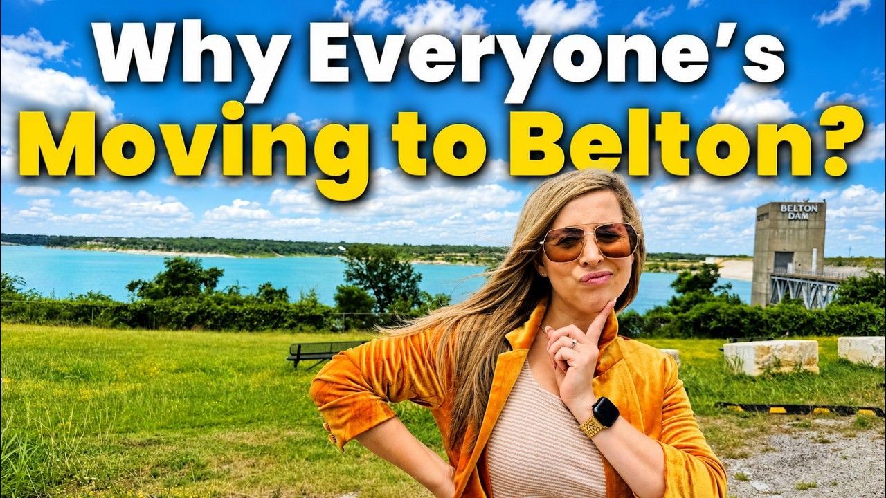 Woman in sunglasses standing by a lake with bold text: “Why Everyone’s Moving to Belton?”