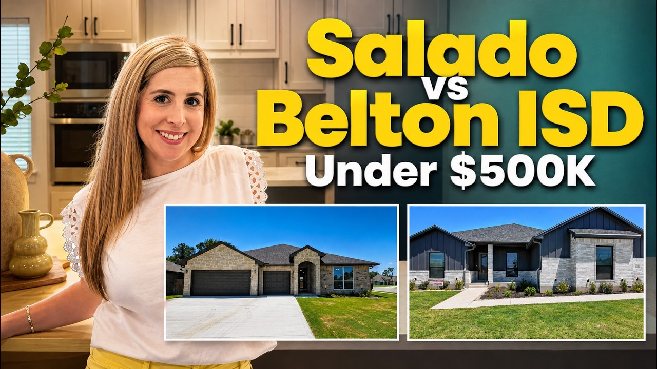 Woman holding a house, with text “Salado vs Belton ISD Under $500K” and two home photos below.