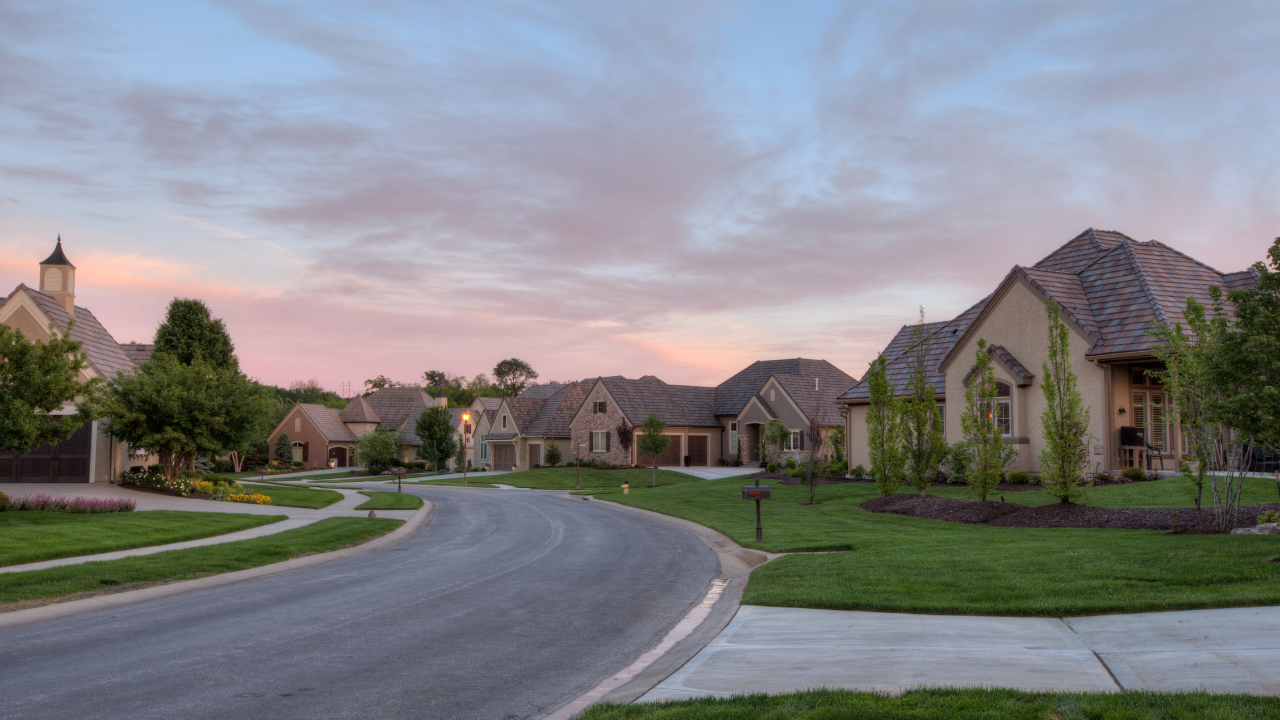 Curving suburban street with large houses and manicured lawns at sunset under a pink sky