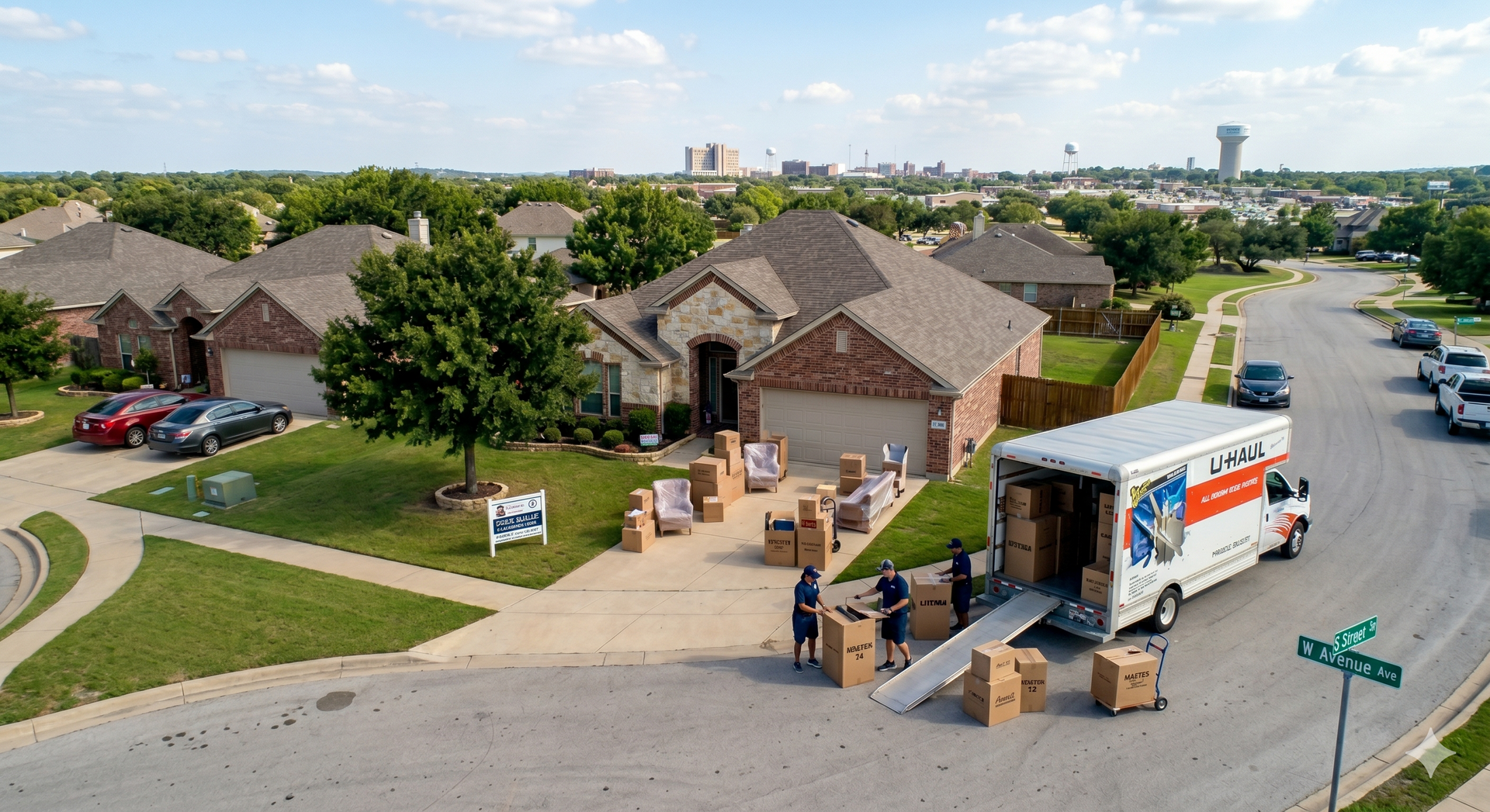 Moving truck unloading boxes outside Temple brick homes on a sunny day