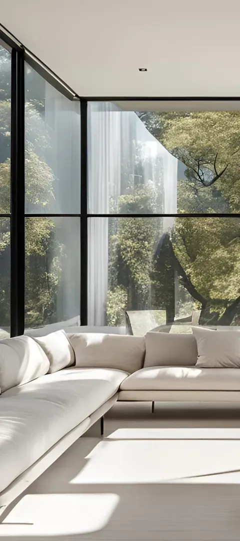 A living room with a couch and a lot of windows