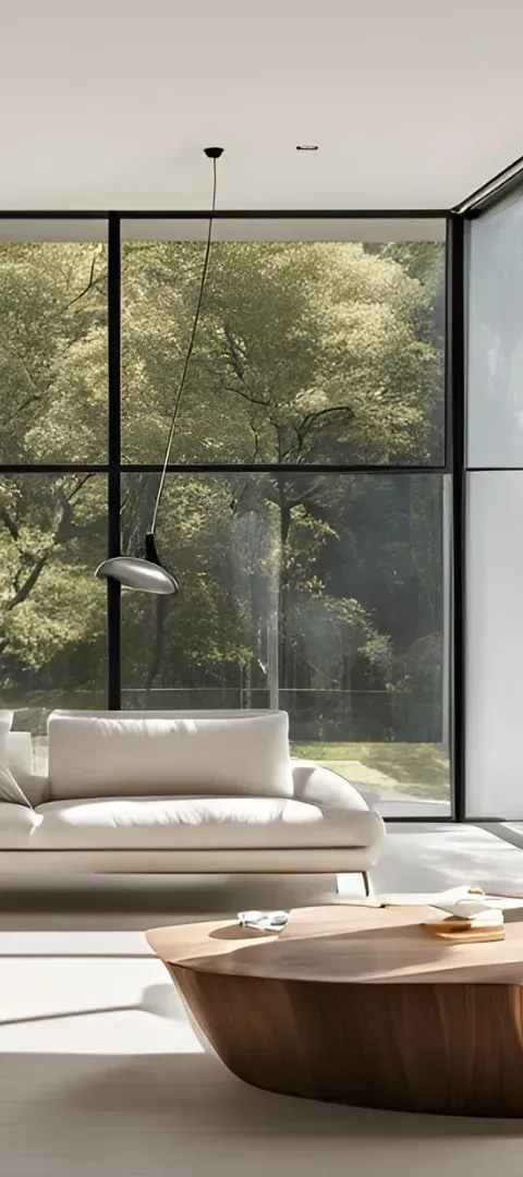 A living room with a couch , coffee table , and large windows.