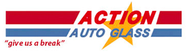 The logo for action auto glass says give us a break
