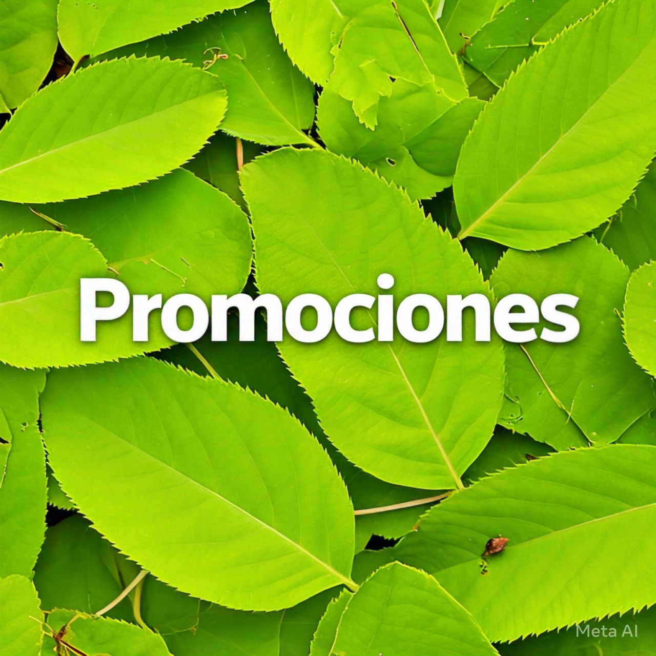 Texto “Promociones” sobre fondo de hojas verdes brillantes.